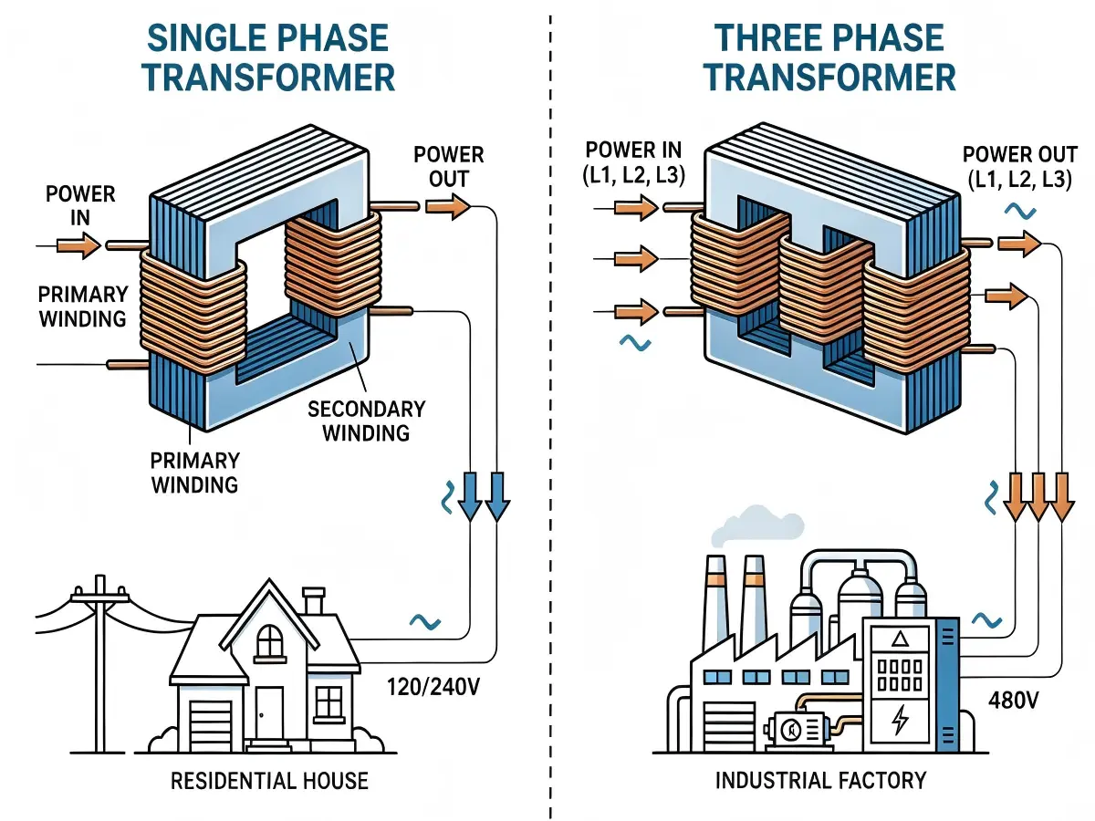 Difference Single-phase Vs Three-phase Transformers